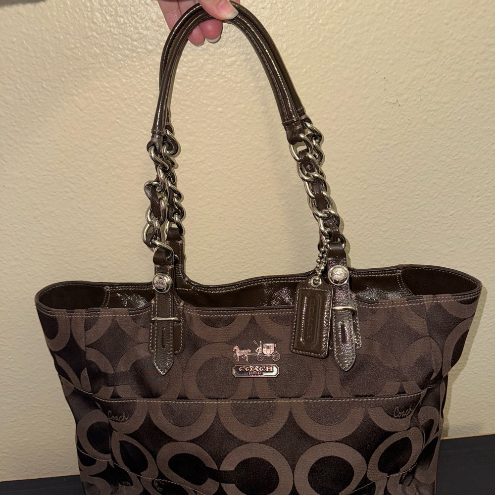 Coach Madison Mahogany Jacquard Tote with Silver Chain Handles